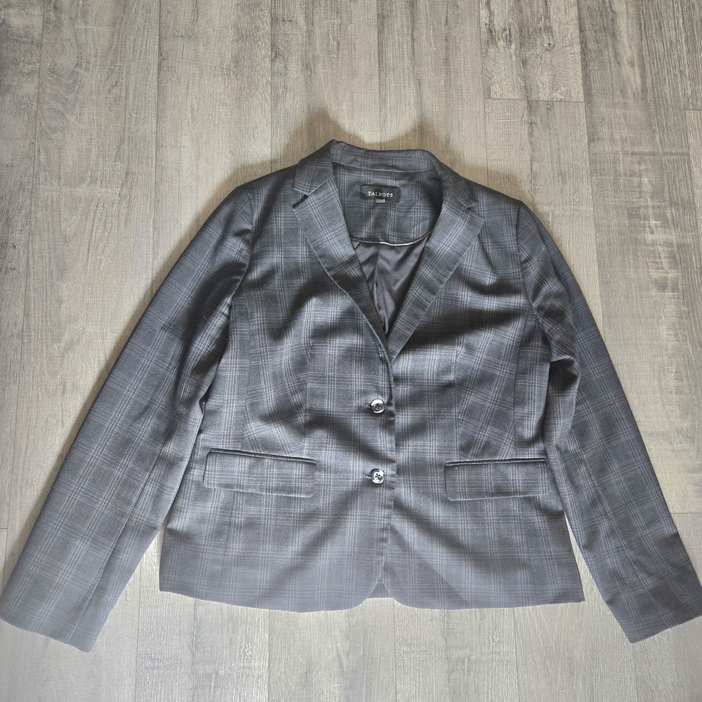 Talbots Gray Navy Plaid Wool Blend Blazer Women’s Size 10 Career Work Jacket